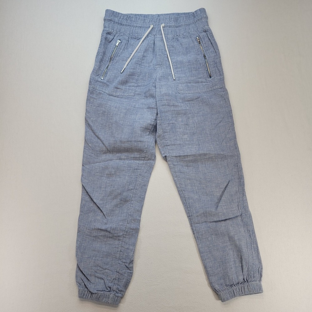 Athleta Pants Womens 2 Blue Retreat 100% Linen Joggers Zip Pockets Drawstring